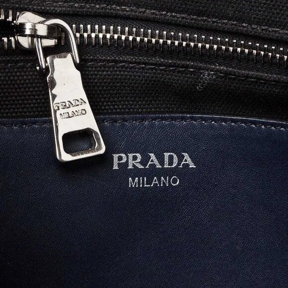 Prada Black/Blue/Beige Canapa Canvas/Leather/Snakeskin Small Tote Bag BG439 - Picture 9 of 12
